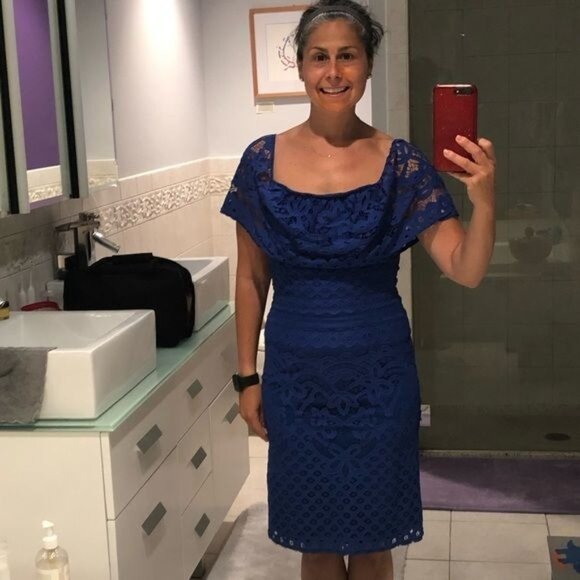 Sharagano Blue Off-Shoulder Cocktail Dress With Lace Design Size 4P - Picture 5 of 5